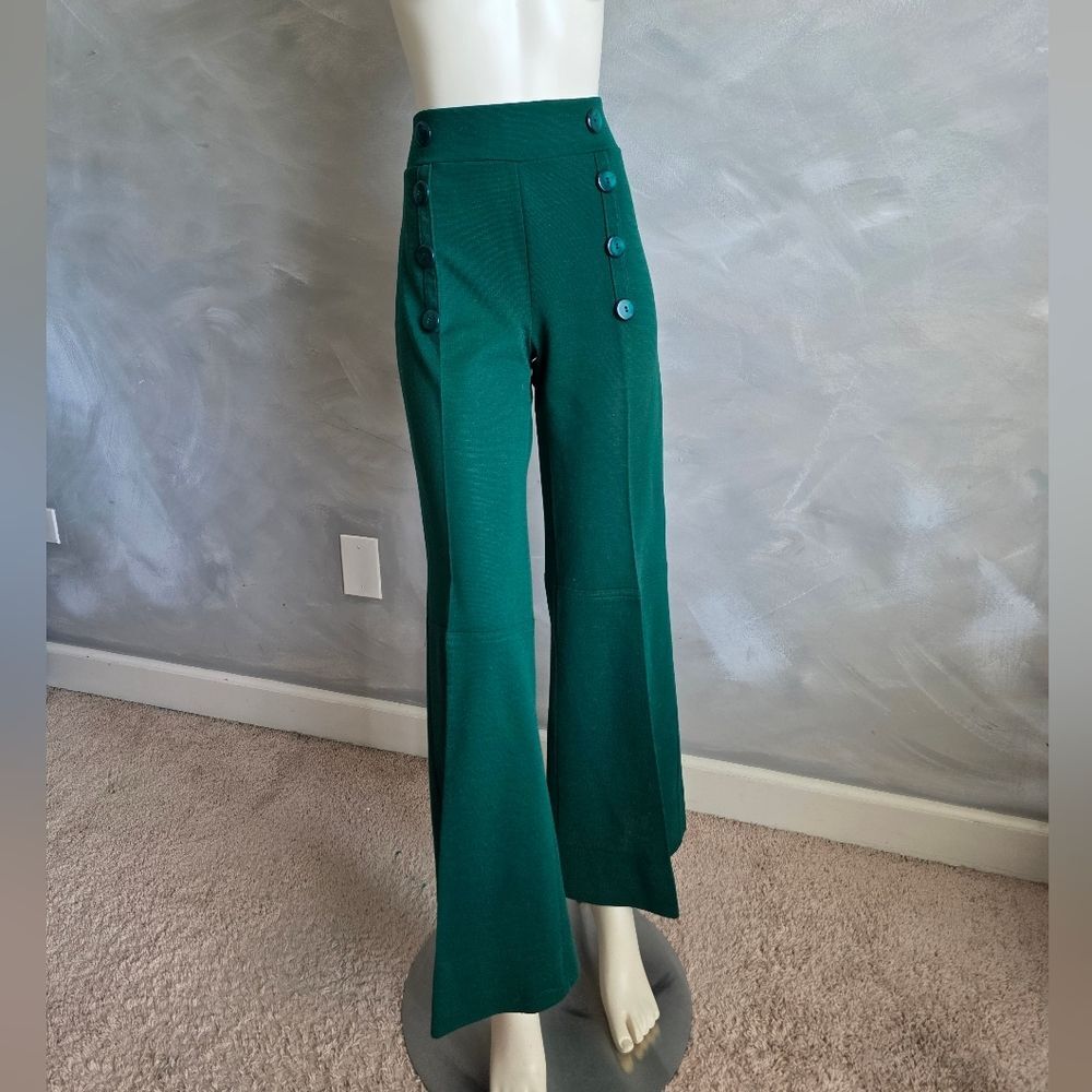 Vtg Handmade High Waisted Wide Panel Leg Sailor Trousers Dark Pants Green Lucite